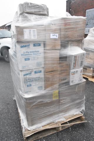 25 BRAND NEW! Boxes Including 2 Box 966UPWIDEB-500 OneUp by Choice White 2-Ply Wide Interfold 6 1/2" x 8 1/2" Dispenser Napkin - 6000/Case, 4 Boxes of Noble Gloves, 127SB18COMBO Choice 18 oz. Clear Plastic Salad Bowl with Lid - 150/Case, 2 Box Fineline Scalloped Tongs. 25 Times Your Bid!