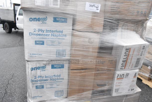 25 BRAND NEW! Boxes Including 2 Box 966UPWIDEB-500 OneUp by Choice White 2-Ply Wide Interfold 6 1/2" x 8 1/2" Dispenser Napkin - 6000/Case, 4 Boxes of Noble Gloves, 127SB18COMBO Choice 18 oz. Clear Plastic Salad Bowl with Lid - 150/Case, 2 Box Fineline Scalloped Tongs. 25 Times Your Bid! - Image 2 of 8