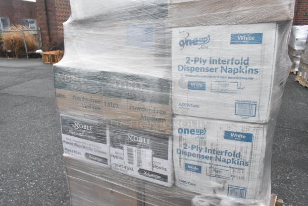 25 BRAND NEW! Boxes Including 2 Box 966UPWIDEB-500 OneUp by Choice White 2-Ply Wide Interfold 6 1/2" x 8 1/2" Dispenser Napkin - 6000/Case, 4 Boxes of Noble Gloves, 127SB18COMBO Choice 18 oz. Clear Plastic Salad Bowl with Lid - 150/Case, 2 Box Fineline Scalloped Tongs. 25 Times Your Bid! - Image 3 of 8