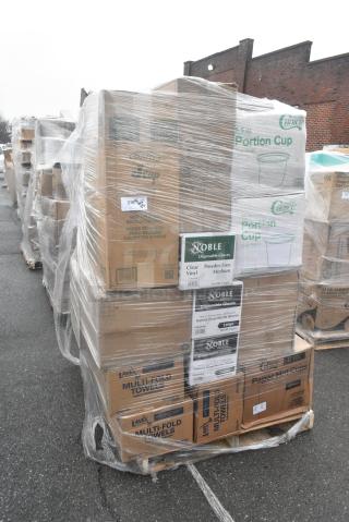 25 BRAND NEW! Boxes Including 3 Box Lavex Paper Towels, 2 Box 394645L Noble NexGen Powder-Free Disposable Black Hybrid 3 Mil Thick Gloves, 2 Box Choice Portion Cups, 760IC08W Choice 8 oz. White Paper Frozen Yogurt / Food Cup - 1000/Case, 2 Box 5008W Choice 8 oz. Tall White Poly Paper Hot Cup - 1000/Case. 25 Times Your Bid!