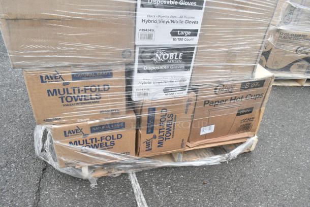 25 BRAND NEW! Boxes Including 3 Box Lavex Paper Towels, 2 Box 394645L Noble NexGen Powder-Free Disposable Black Hybrid 3 Mil Thick Gloves, 2 Box Choice Portion Cups, 760IC08W Choice 8 oz. White Paper Frozen Yogurt / Food Cup - 1000/Case, 2 Box 5008W Choice 8 oz. Tall White Poly Paper Hot Cup - 1000/Case. 25 Times Your Bid! - Image 2 of 9