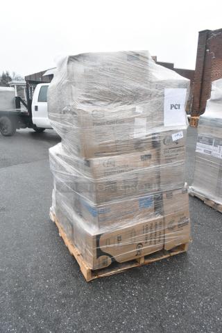 35 BRAND NEW! Boxes Including Choice Foil Steam Pans, 500TW7 Choice 7 oz. Translucent Thin Wall Plastic Cold Cup - 2500/Case, 2 Box 394365L Noble Products Powder-Free Disposable Clear Vinyl Gloves for Foodservice - Large - 1000/Case, 4 Box 346WKFSNSPM Choice White Medium Weight Wrapped Polypropylene Plastic Cutlery Pack with Napkin and Salt / Pepper Packets - 250/Case. 35 Times Your Bid!