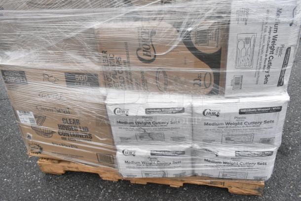 35 BRAND NEW! Boxes Including Choice Foil Steam Pans, 500TW7 Choice 7 oz. Translucent Thin Wall Plastic Cold Cup - 2500/Case, 2 Box 394365L Noble Products Powder-Free Disposable Clear Vinyl Gloves for Foodservice - Large - 1000/Case, 4 Box 346WKFSNSPM Choice White Medium Weight Wrapped Polypropylene Plastic Cutlery Pack with Napkin and Salt / Pepper Packets - 250/Case. 35 Times Your Bid! - Image 9 of 10
