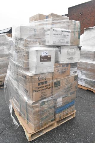 40 BRAND NEW! Boxes Including 50010DWALLW Choice 10 oz. White Smooth Double Wall Paper Hot Cup - 500/Case, 5 Box 433NHT101 Choice 1/6 Standard Size White "Thank You" Standard-Duty Plastic T-Shirt Bag - 700/Case, Noble Gloves. 40 Times Your Bid!