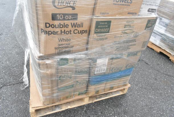 40 BRAND NEW! Boxes Including 50010DWALLW Choice 10 oz. White Smooth Double Wall Paper Hot Cup - 500/Case, 5 Box 433NHT101 Choice 1/6 Standard Size White "Thank You" Standard-Duty Plastic T-Shirt Bag - 700/Case, Noble Gloves. 40 Times Your Bid! - Image 2 of 9