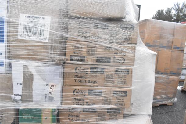 40 BRAND NEW! Boxes Including 50010DWALLW Choice 10 oz. White Smooth Double Wall Paper Hot Cup - 500/Case, 5 Box 433NHT101 Choice 1/6 Standard Size White "Thank You" Standard-Duty Plastic T-Shirt Bag - 700/Case, Noble Gloves. 40 Times Your Bid! - Image 6 of 9