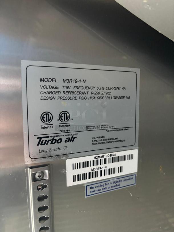 Turbo Air M3R19-1-N M3 Series 25" Solid Door Stainless Steel Reach-In Refrigerator TESTED AND WORKING - Image 4 of 6