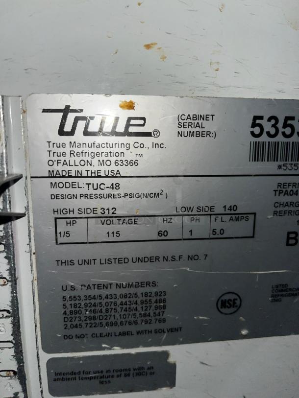 True 48" W Under counter Refrigerator w/ (2) Sections & (2) Doors, 115v - Image 5 of 7