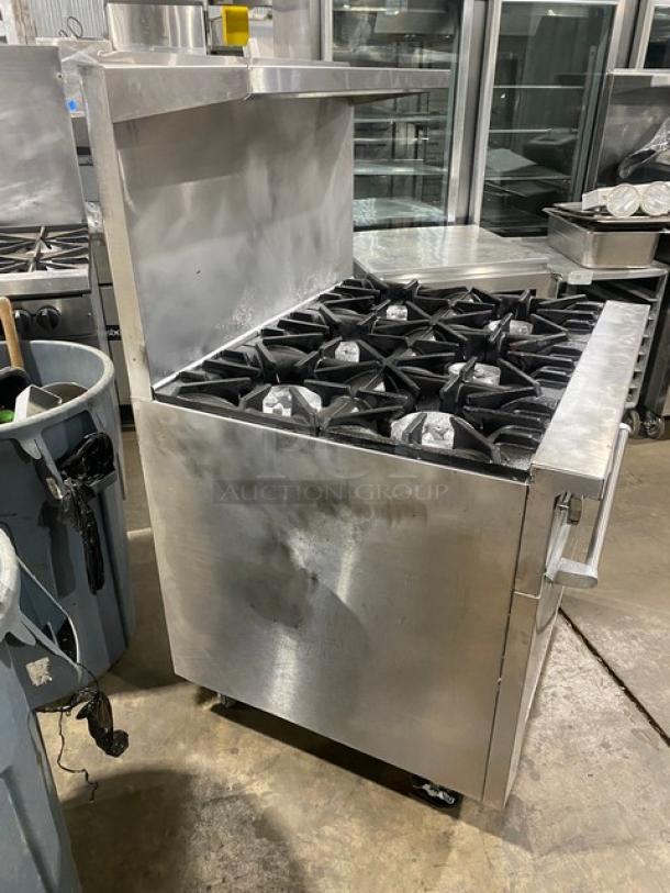 AWESOME! SunFire Commercial Stainless Steel Natural Gas Powered 6 Burner Range/Oven Combo! With Back Splash & Overhead Salamander Shelf! With Wired Oven Rack! On Casters! - Image 2 of 9