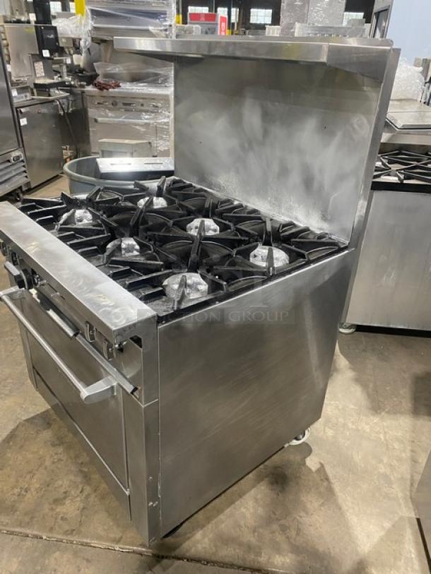 AWESOME! SunFire Commercial Stainless Steel Natural Gas Powered 6 Burner Range/Oven Combo! With Back Splash & Overhead Salamander Shelf! With Wired Oven Rack! On Casters! - Image 3 of 9