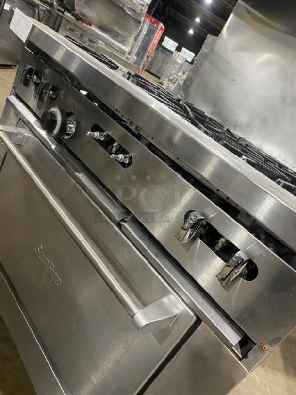AWESOME! SunFire Commercial Stainless Steel Natural Gas Powered 6 Burner Range/Oven Combo! With Back Splash & Overhead Salamander Shelf! With Wired Oven Rack! On Casters! - Image 8 of 9