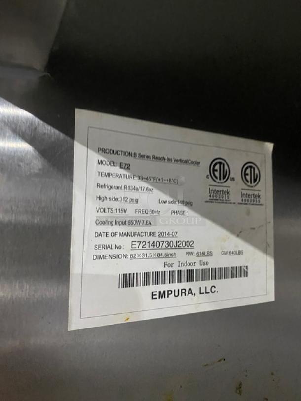 WOW! Empura Commercial Stainless Steel Solid 3 Door Reach In Refrigerator! With Poly Coated Wire Racks! Model: E72 SN: E72140730J2002! 115V 1 Phase! On Casters! - Image 7 of 8