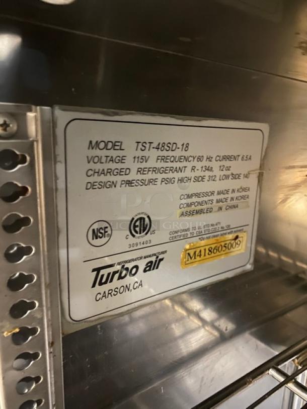 SWEET! Turbo Air Commercial Stainless Steel 2 Door Refrigerated Bain Marie Style Mega Top Salad/Sandwich Prep Table! With Wire Racks! Model: TST-48SD-18 SN: M418605009! 115V 1 Phase! On Casters! - Image 9 of 9
