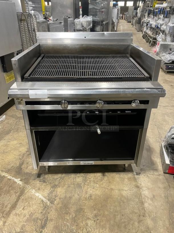 NICE! U.S. Range Commercial Stainless Steel Natural Gas Powered Char Broiler! With Back & Side Splash! With Pan Rail & Enclosed Base! On Legs! - Image 1 of 8