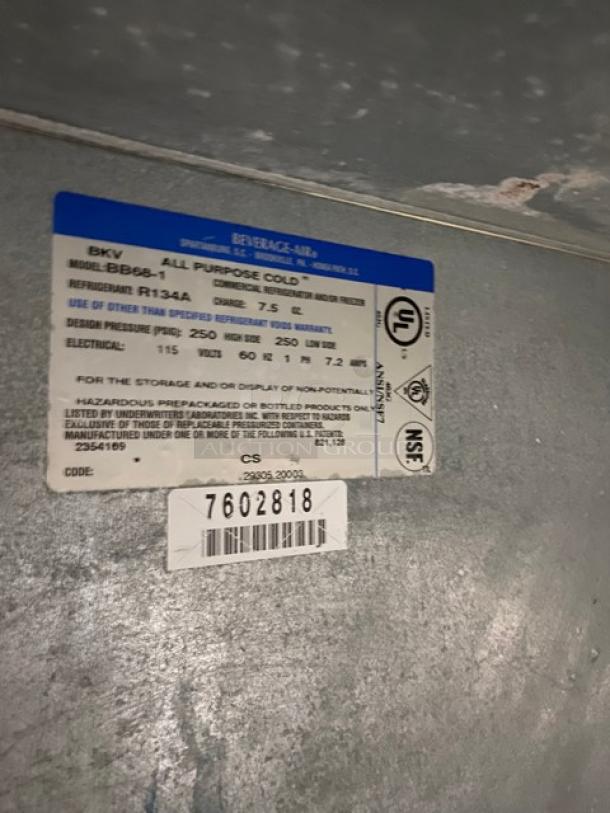 Beverage-Air Commercial 2 Door Refrigerated Back Bar Cooler! With Stainless Steel Worktop! With Poly Coated Wire Rack! Model: BB68-1 SN: 7602818! 115V 1 Phase! - Image 7 of 8