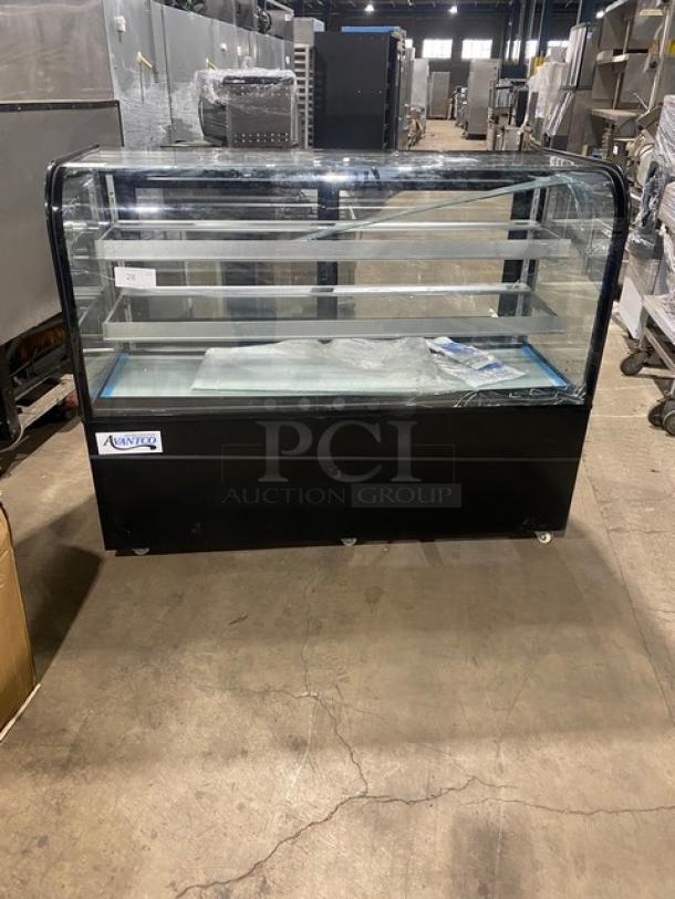NEW! Scratch-N-Dent! Avantco Commercial Black Curved Glass 60" Refrigerated Bakery Display Case! With Rear Sliding Access Doors! With Adjustable Shelves! Model: 193BC60HCB! 110-120V! On Casters! Interior Glass Broken! - Image 1 of 8