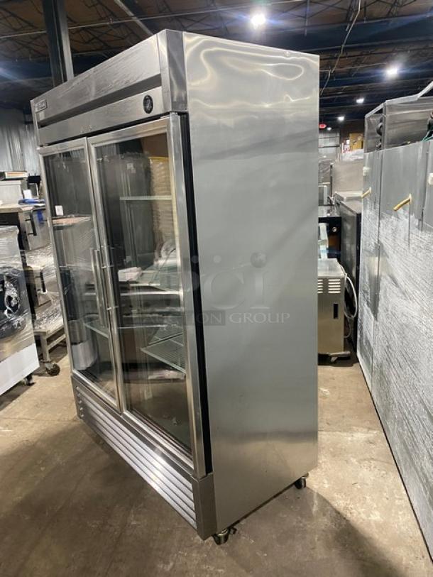 True T-Series Commercial Stainless Steel Double Glass Swing Door Reach In Merchandiser Refrigerator! With Poly Coated Wire Racks! Model: T-49G-LD SN: 9033298! 115V 1 Phase! On Casters! - Image 2 of 8