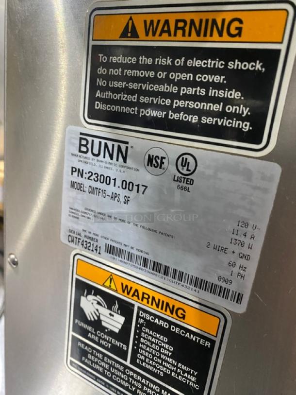 Bunn CW Series Commercial Stainless Steel Countertop Coffee Brewer! With Hot Water Dispenser! With Brew Basket & Portable Server! Model: CWTF15-APS SN: CWTF432141! 120V 1 Phase! - Image 6 of 8