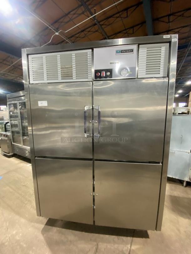 Victory Commercial Stainless Steel Solid Half Door 2 Section Reach In Refrigerator! With Built In Pan Holding Racks & Wired Racks! On Casters! - Image 1 of 9