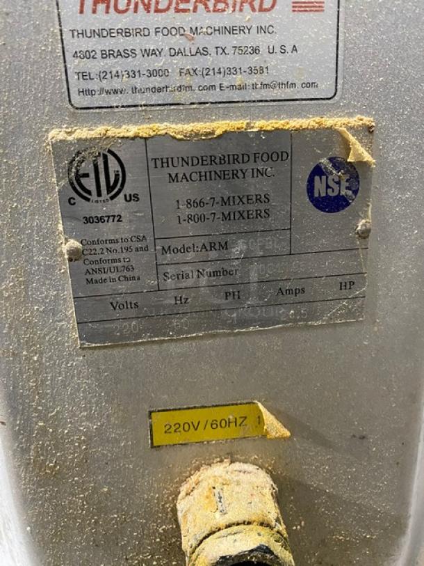 Thunderbird Commercial Heavy Duty 60 Quart Planetary Mixer! With Flat Beater Attachment! With Stainless Steel Mixing Bowl & Bowl Guard! Model: ARM-60PBL SN: 7001196! 220V 1 Phase! - Image 9 of 10