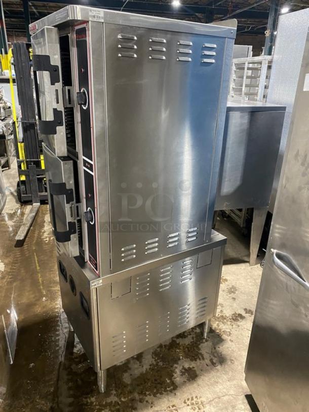 Market Forge Commercial Stainless Steel Electric Powered Dual Compartment Convection Steam Oven! With Individual Controls! With Built In Pan Holding Racks! Model: ST10M24E SN: 082917MH091B+! 208V 3 Phase! On Legs! - Image 2 of 10