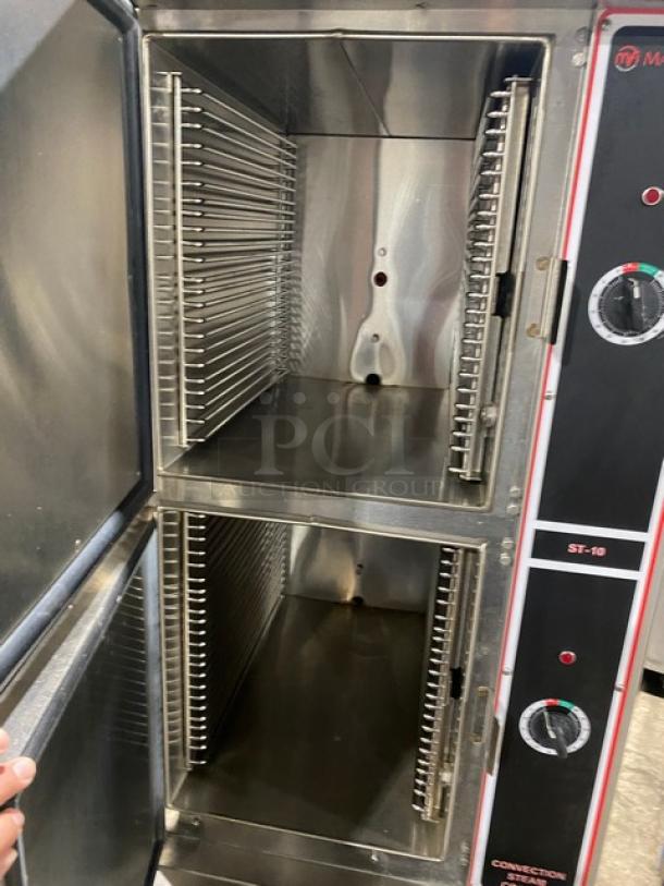 Market Forge Commercial Stainless Steel Electric Powered Dual Compartment Convection Steam Oven! With Individual Controls! With Built In Pan Holding Racks! Model: ST10M24E SN: 082917MH091B+! 208V 3 Phase! On Legs! - Image 5 of 10