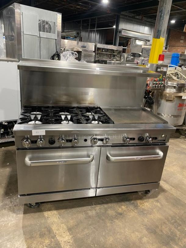 Cook Rite Commercial Stainless Steel Natural Gas Powered 6 Burner Range/Flat Griddle Split Top & Double Oven Combo! With Back Splash & Overhead Salamander Shelf! With Wired Oven Racks! On Casters! - Image 1 of 10