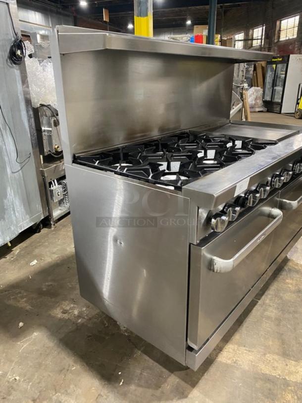 Cook Rite Commercial Stainless Steel Natural Gas Powered 6 Burner Range/Flat Griddle Split Top & Double Oven Combo! With Back Splash & Overhead Salamander Shelf! With Wired Oven Racks! On Casters! - Image 2 of 10