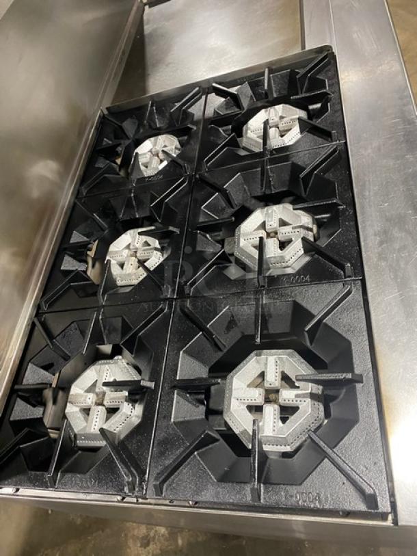 Cook Rite Commercial Stainless Steel Natural Gas Powered 6 Burner Range/Flat Griddle Split Top & Double Oven Combo! With Back Splash & Overhead Salamander Shelf! With Wired Oven Racks! On Casters! - Image 5 of 10