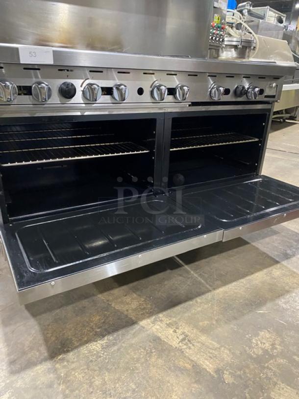 Cook Rite Commercial Stainless Steel Natural Gas Powered 6 Burner Range/Flat Griddle Split Top & Double Oven Combo! With Back Splash & Overhead Salamander Shelf! With Wired Oven Racks! On Casters! - Image 7 of 10