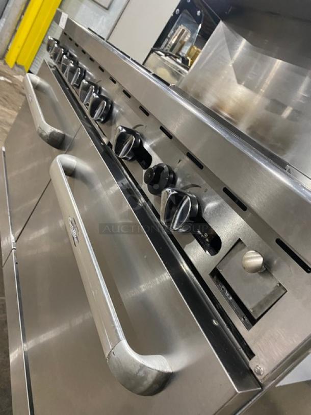 Cook Rite Commercial Stainless Steel Natural Gas Powered 6 Burner Range/Flat Griddle Split Top & Double Oven Combo! With Back Splash & Overhead Salamander Shelf! With Wired Oven Racks! On Casters! - Image 9 of 10