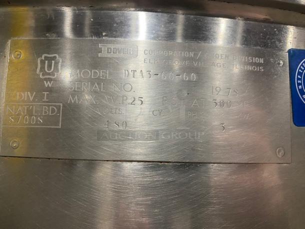 Groen Commercial Stainless Steel Electric Powered Twin Pivoting Steam Jacketed 60 Gal. Kettles! Model: DTA3-60-60 SN: 1978! 480V 3 Phase! On Legs! - Image 9 of 9