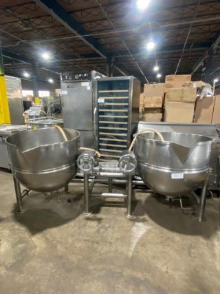 Groen Commercial Stainless Steel Electric Powered Twin Pivoting Steam Jacketed 60 Gal. Kettles! Model: DTA3-60-60 SN: 1978! 480V 3 Phase! On Legs!