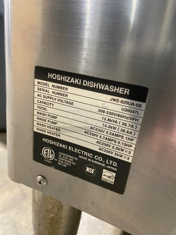Hoshizaki Commercial Stainless-Steel Jet Wash High Temperature Free-Standing Warewasher/Dishwasher! Energy Star Certified! With Digital Controls! Model: JWE-620UA-6B SN: U30047L! 208-230V 3 Phase! On Legs! - Image 8 of 8
