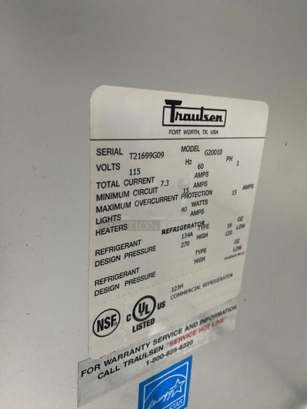 Traulsen Commercial Stainless Steel Solid 2 Door Reach In Refrigerator! Energy Star Certified! With Poly Coated Wire Racks! Model: G20010 SN: T21699G09! 115V 1 Phase! On Casters! - Image 8 of 9