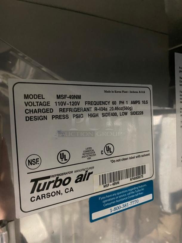 Turbo Air Maximum Series Commercial Stainless Steel Solid 2 Door Reach In Freezer! Energy Star Certified! With Poly Coated Wire Racks! Model: MSF-49NM SN: NF49308075! 110-120V 1 Phase! On Casters! - Image 8 of 11