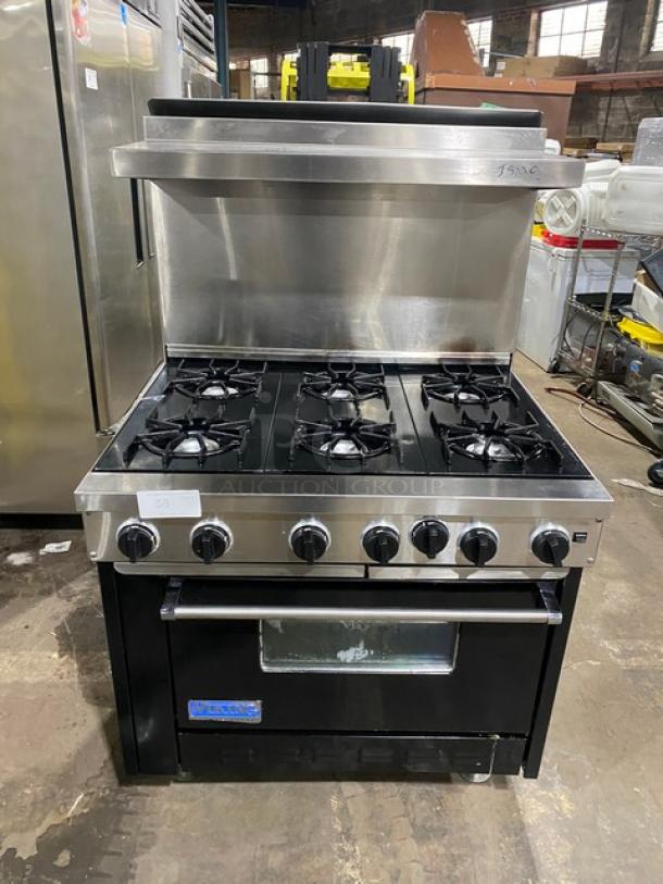 Viking Commercial Stainless Steel Natural Gas Powered 6 Burner Range/Oven Combo! With Back Splash & Overhead Salamander Shelf! With Wired Oven Racks! On Legs! - Image 1 of 9