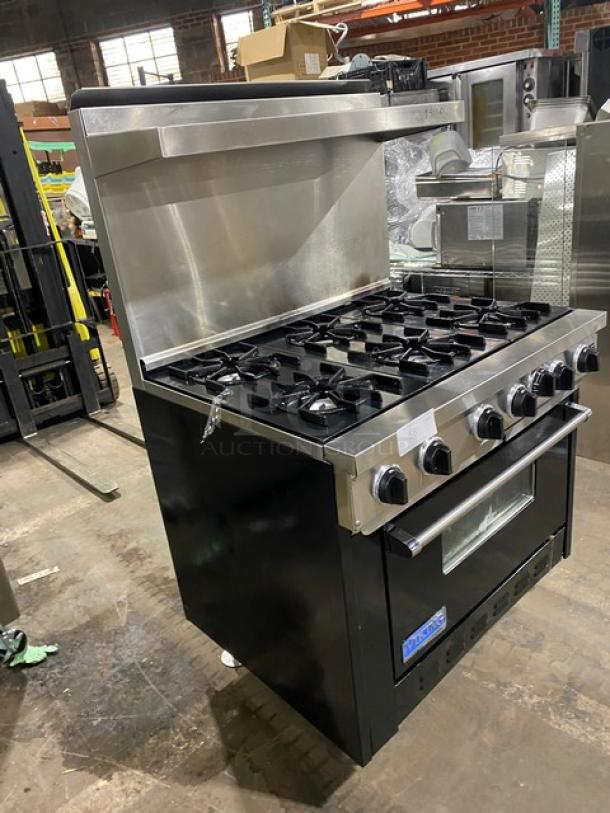 Viking Commercial Stainless Steel Natural Gas Powered 6 Burner Range/Oven Combo! With Back Splash & Overhead Salamander Shelf! With Wired Oven Racks! On Legs! - Image 2 of 9