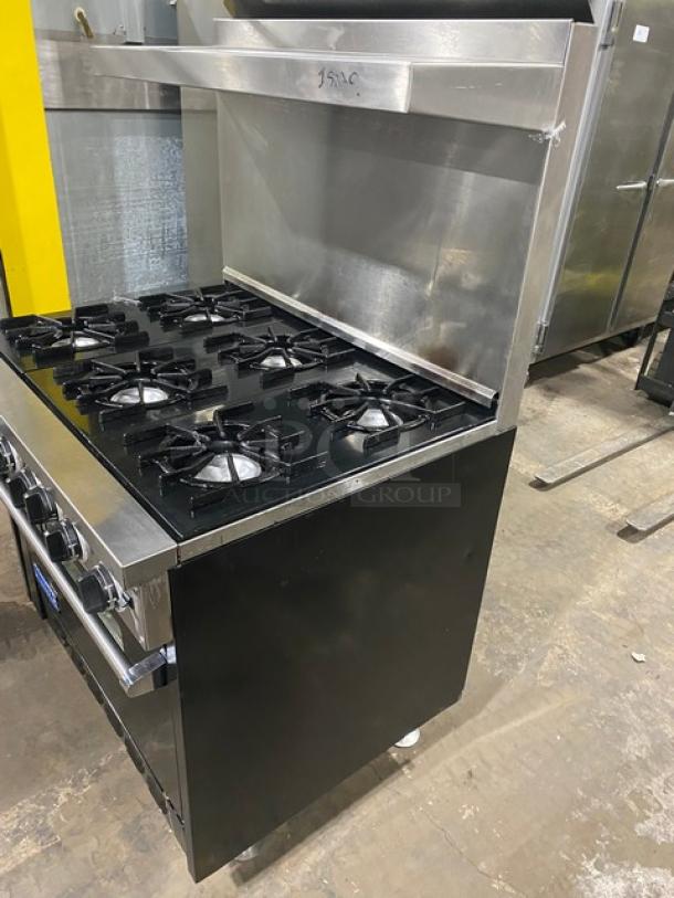 Viking Commercial Stainless Steel Natural Gas Powered 6 Burner Range/Oven Combo! With Back Splash & Overhead Salamander Shelf! With Wired Oven Racks! On Legs! - Image 3 of 9