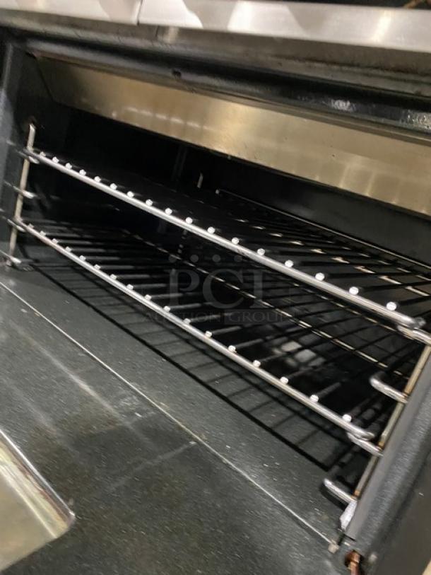 Viking Commercial Stainless Steel Natural Gas Powered 6 Burner Range/Oven Combo! With Back Splash & Overhead Salamander Shelf! With Wired Oven Racks! On Legs! - Image 7 of 9