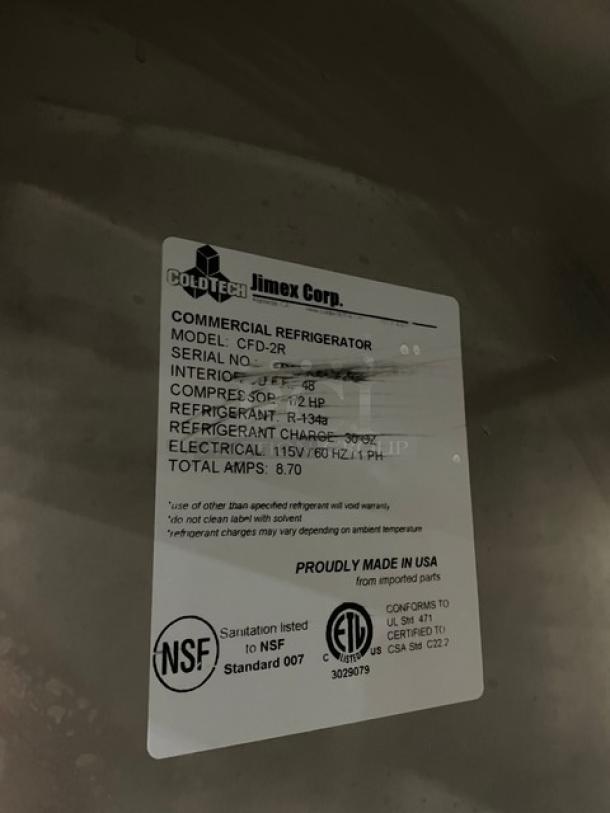 ColdTech Commercial Stainless Steel Solid 2 Door Reach In Refrigerator! Model: CFD-2R! 115V 1 Phase! On Casters! - Image 7 of 9