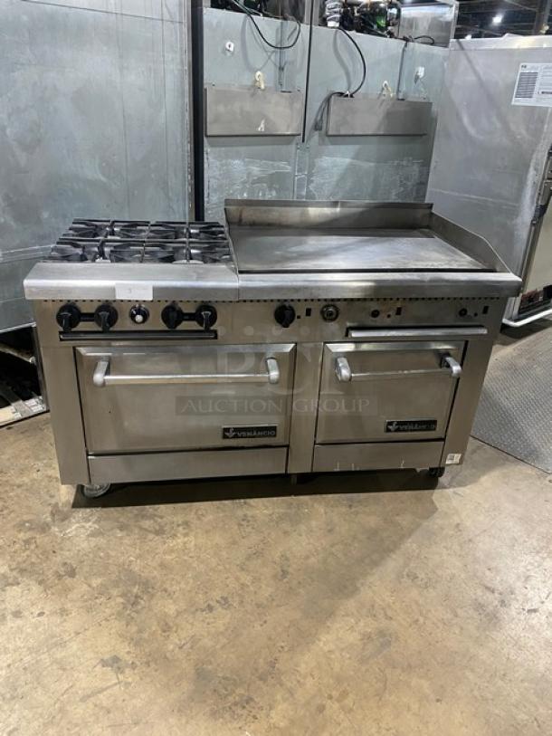 SWEET! Venancio USA Commercial Stainless Steel Natural Gas Powered 4 Burner Range/Flat Griddle Split Top & Double Oven Combo! With Wired Oven Rack! Model: R602ST-24B30G! On Casters! - Image 1 of 11