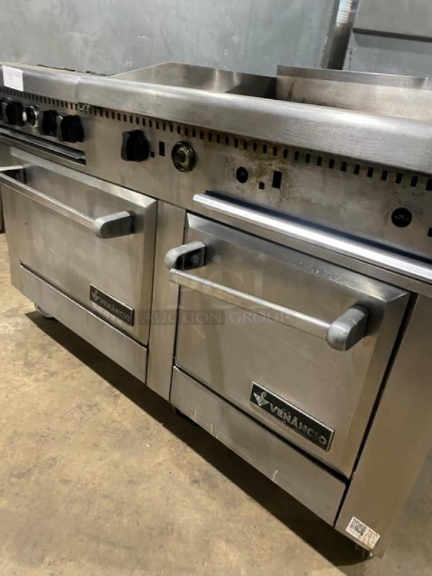 SWEET! Venancio USA Commercial Stainless Steel Natural Gas Powered 4 Burner Range/Flat Griddle Split Top & Double Oven Combo! With Wired Oven Rack! Model: R602ST-24B30G! On Casters! - Image 7 of 11