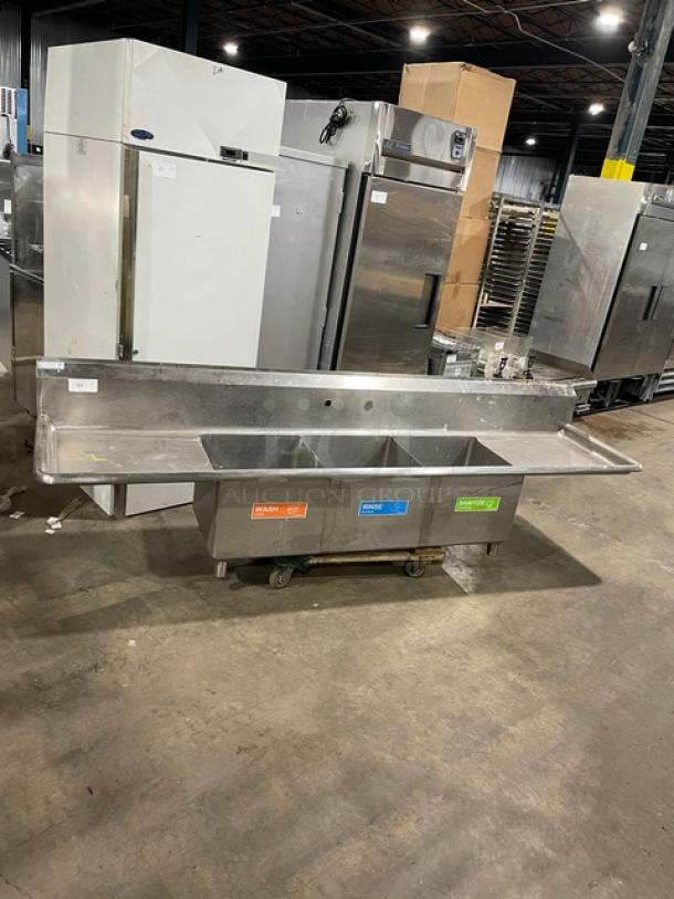 Green World By Turbo Air Commercial Stainless Steel 3 Compartment Sink! With Left & Right Drain Boards! With Back Splash! Model: TSA-3-14-D2! - Image 1 of 8