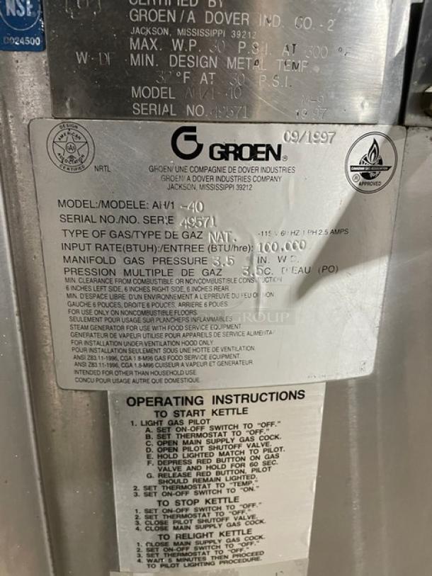 Groen Commercial Stainless Steel Natural Gas Powered Stationary 40 Lb. Steam Kettle! Model: AH/1-40 SN: 49571! 115V 1 Phase! On Legs! - Image 9 of 10
