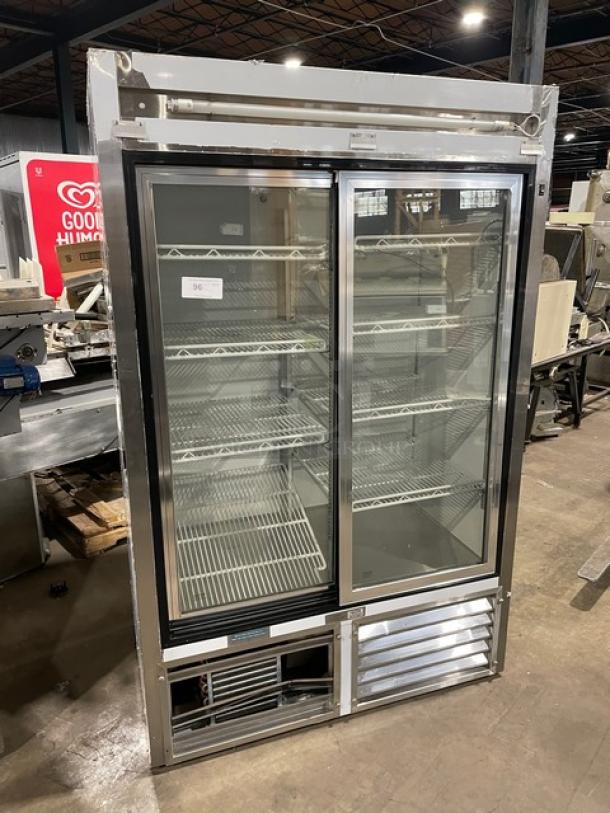 Leader Commercial Stainless Steel Double Glass Sliding Door Reach In Merchandiser Refrigerator! With Poly Coated Wire Racks! Model: ESLS48 S/C SN: NQ03M2502! 115V 1 Phase! - Image 1 of 8