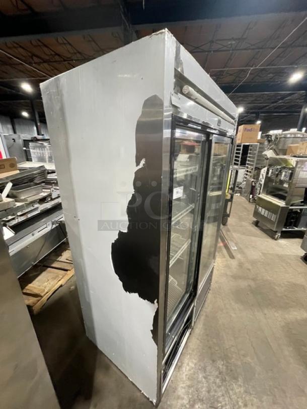 Leader Commercial Stainless Steel Double Glass Sliding Door Reach In Merchandiser Refrigerator! With Poly Coated Wire Racks! Model: ESLS48 S/C SN: NQ03M2502! 115V 1 Phase! - Image 2 of 8