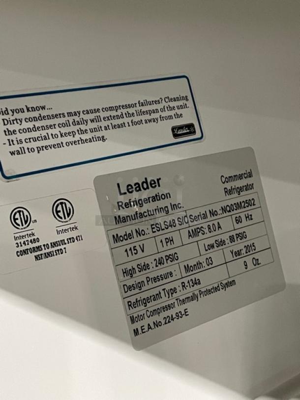 Leader Commercial Stainless Steel Double Glass Sliding Door Reach In Merchandiser Refrigerator! With Poly Coated Wire Racks! Model: ESLS48 S/C SN: NQ03M2502! 115V 1 Phase! - Image 7 of 8