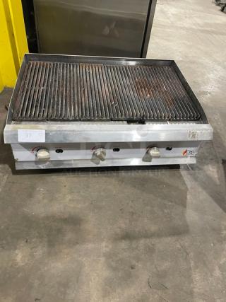 CPG Commercial Stainless Steel Natural Gas Powered Countertop Char Broiler! With Grooved Grates! With Back & Side Splash! Model: CBR36 SN: 1708002288! On Legs!