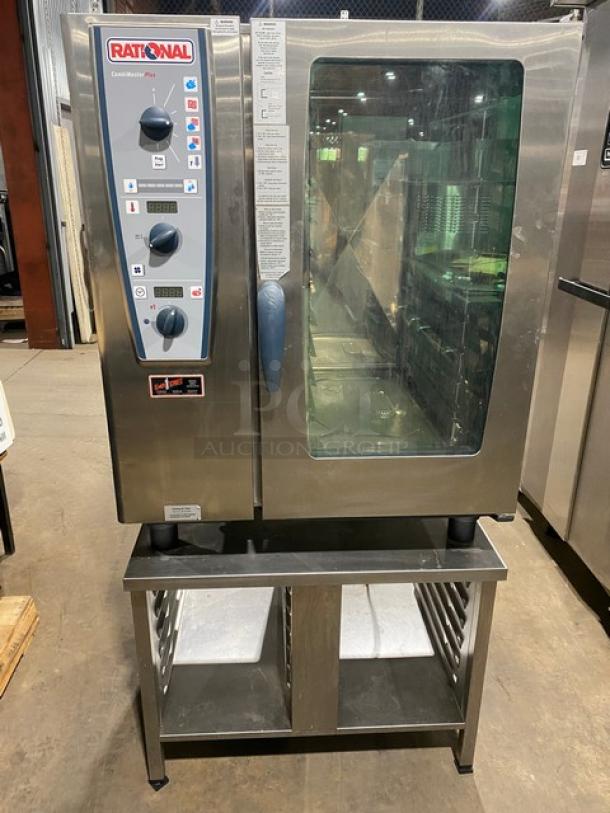 SWEET! Rational CombiMaster Plus Series Commercial Stainless Steel Natural Gas Powered Combi Oven! With Built-In Pan Holding Rack! With Rational R95-CL Replacement Cartridge & Water Connection Hoses! Model: CMP 101G SN: G11MH13102370827! 120V 1 Phase! With Double Section Pan Holding Base! On Legs! - Image 1 of 12